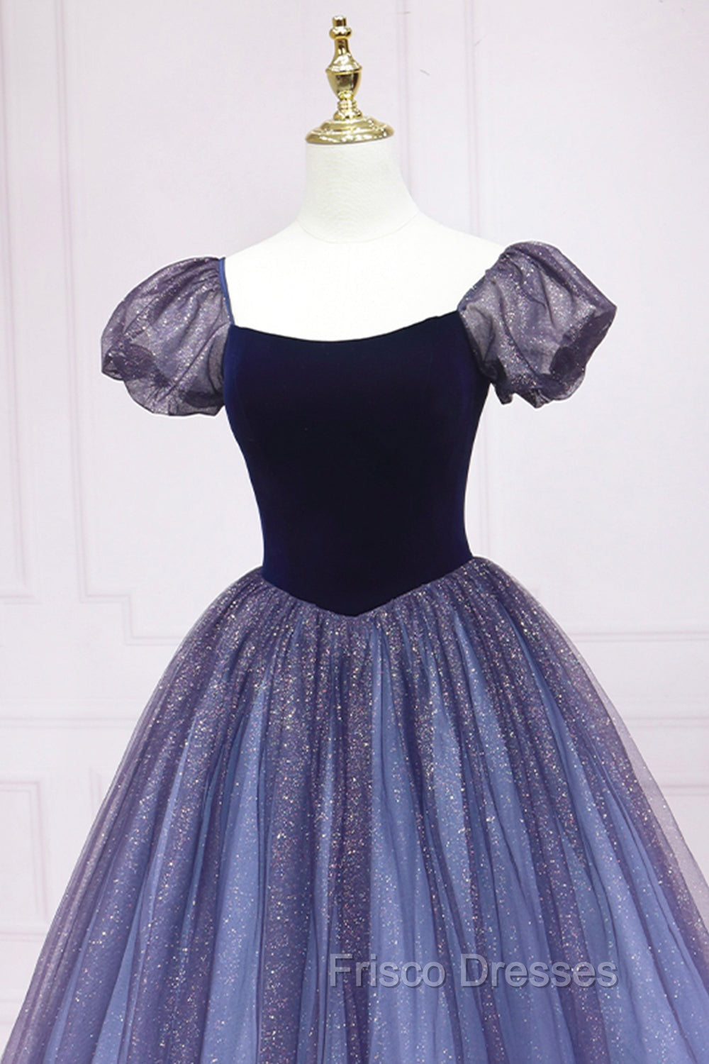 Cute Velvet Tulle Long Formal Prom Dress, A-Line Short Sleeve Graduation Dress
