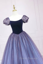 Cute Velvet Tulle Long Formal Prom Dress, A-Line Short Sleeve Graduation Dress