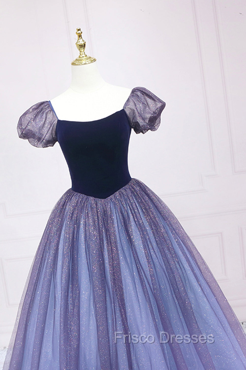Cute Velvet Tulle Long Formal Prom Dress, A-Line Short Sleeve Graduation Dress