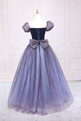 Cute Velvet Tulle Long Formal Prom Dress, A-Line Short Sleeve Graduation Dress