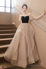 Cute Velvet Tulle Long Prom Dress, Beautiful Short Sleeve Evening Dress