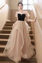 Cute Velvet Tulle Long Prom Dress, Beautiful Short Sleeve Evening Dress