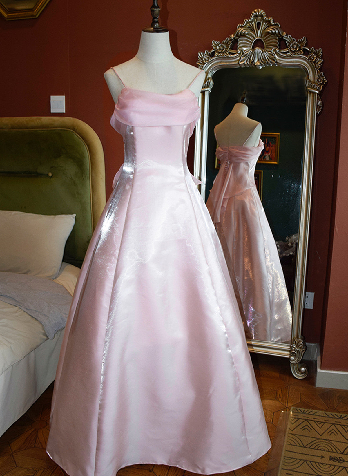 Cute Pink Long Satin Straps Long Party Dress, A-Line Satin Prom Dress Main image