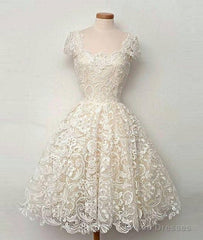 Cute White Lace Short Prom Dress, Lace Bridesmaid Dress