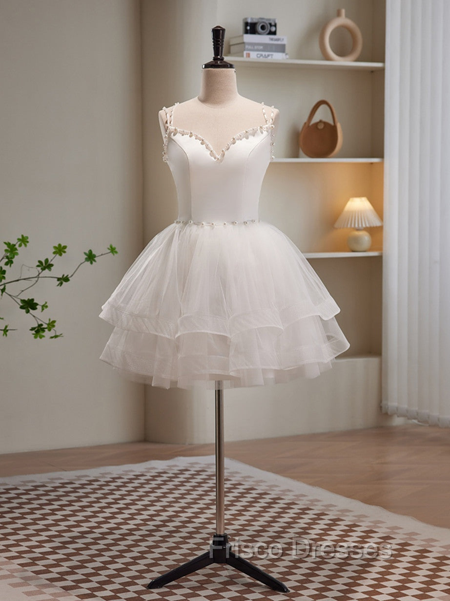 Cute White Short Tulle Beaded Graduation Dress, White Short Formal Prom Dress Formal Dress Secondary image