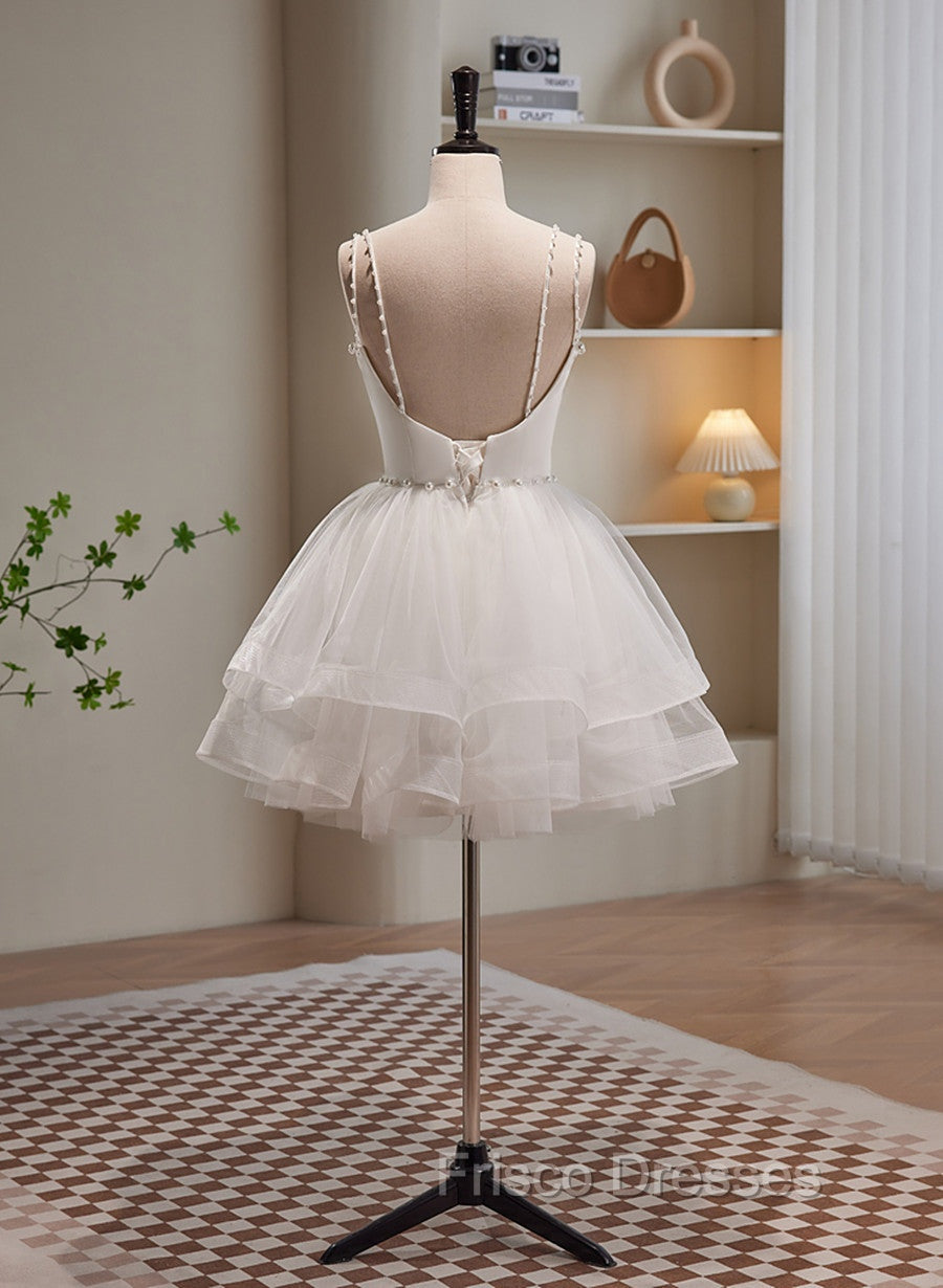 Cute White Short Tulle Beaded Graduation Dress, White Short Formal Prom Dress Formal Dress