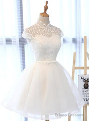 Cute White Tulle Short Lace Cap Sleeves Party Dress, White Homecoming Dress