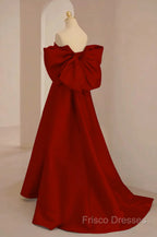 Cute Wine Red Satin Off Shoulder Long Party Dress With Bow, Wine Red Formal Prom Dress
