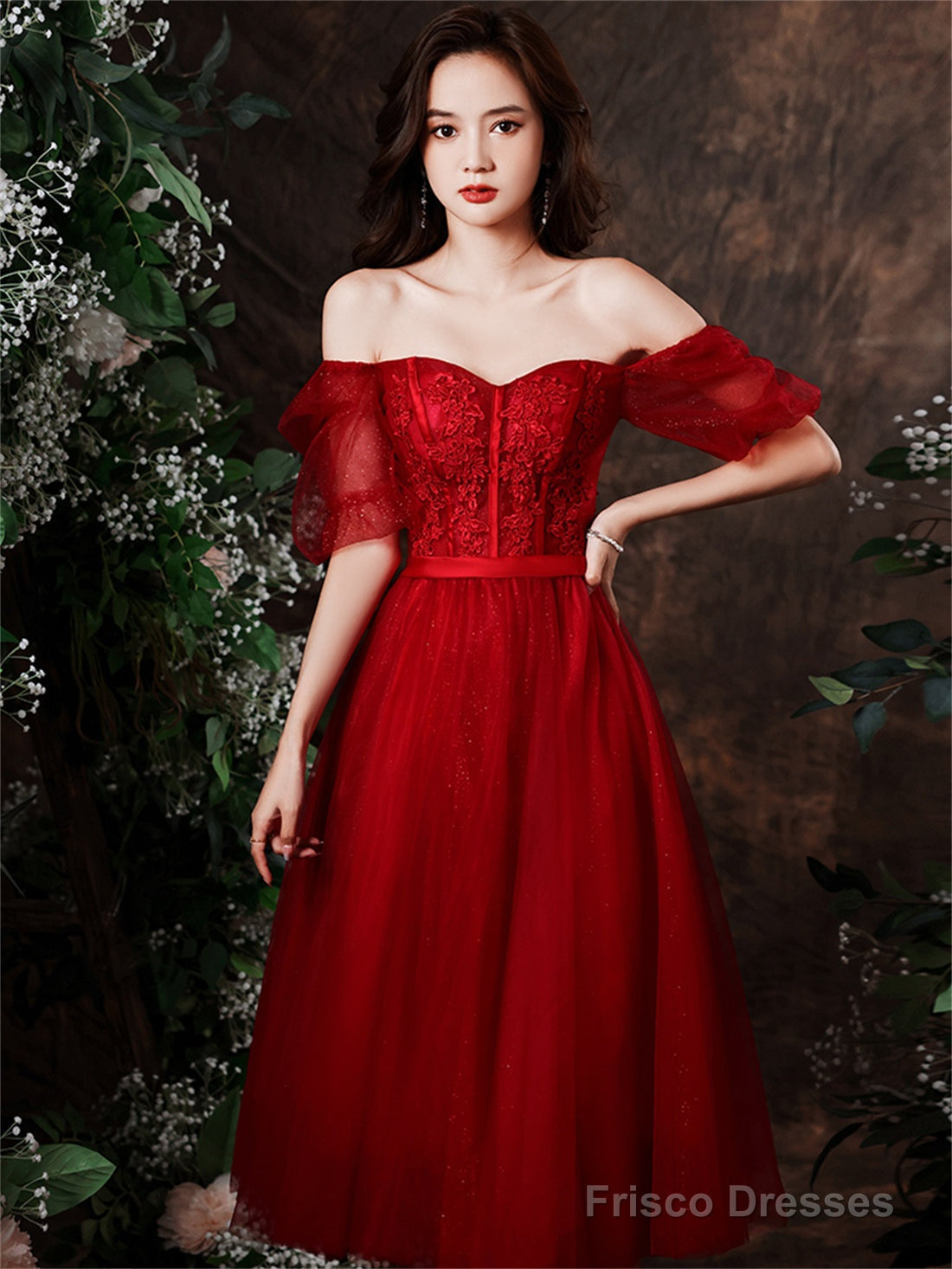 Cute Wine Red Tulle With Lace Tea Length Formal Dress, Wine Red Evening Dresses