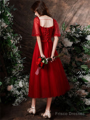 Cute Wine Red Tulle With Lace Tea Length Formal Dress, Wine Red Evening Dresses