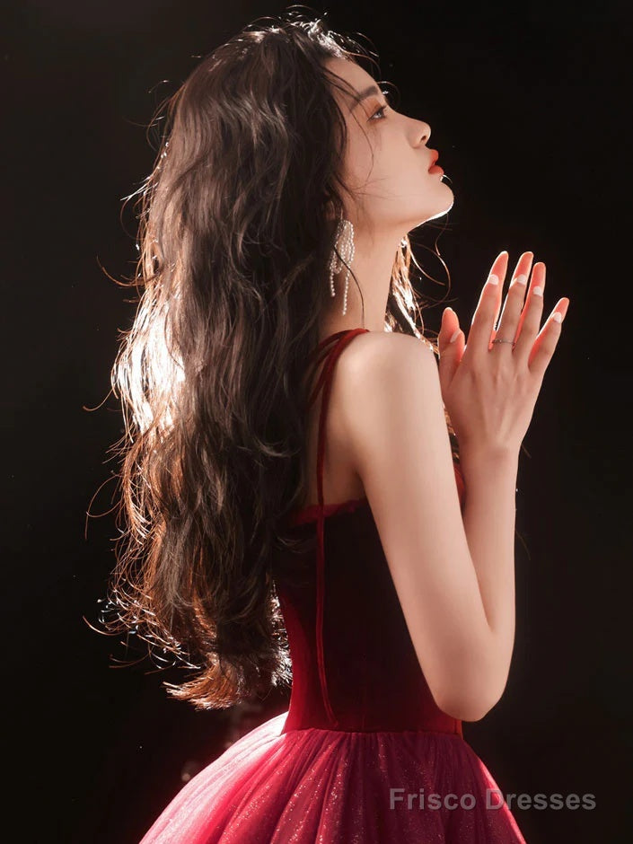 Cute Wine Red Velvet And Tulle Homecoming Dress, Wine Red Straps Party Dress