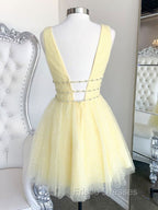 Cute Yellow V Neck Tulle Beads Short Formal Prom Dress Yellow Homecoming Dress