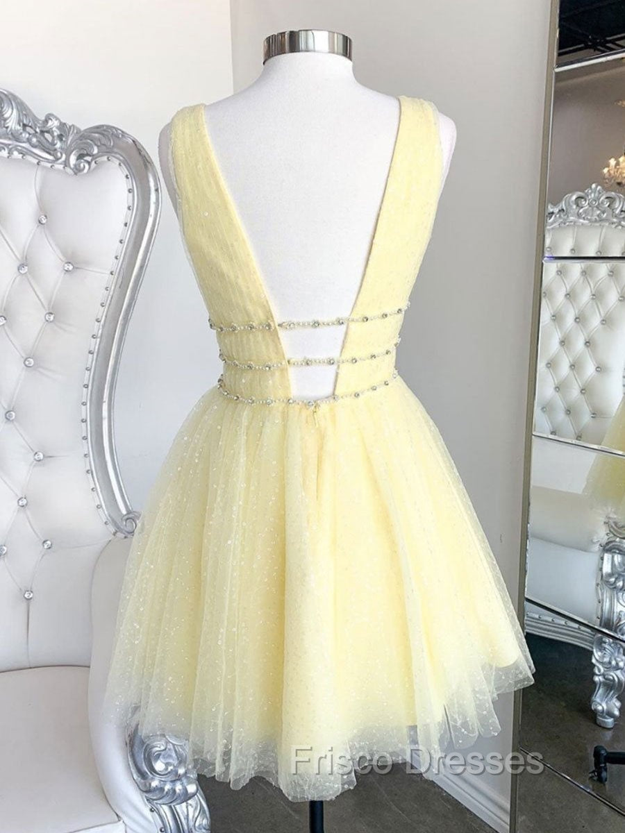 Cute Yellow V Neck Tulle Beads Short Formal Prom Dress Yellow Homecoming Dress