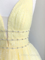 Cute Yellow V Neck Tulle Beads Short Formal Prom Dress Yellow Homecoming Dress