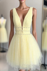 Cute Yellow V Neck Tulle Beads Short Formal Prom Dress Yellow Homecoming Dress