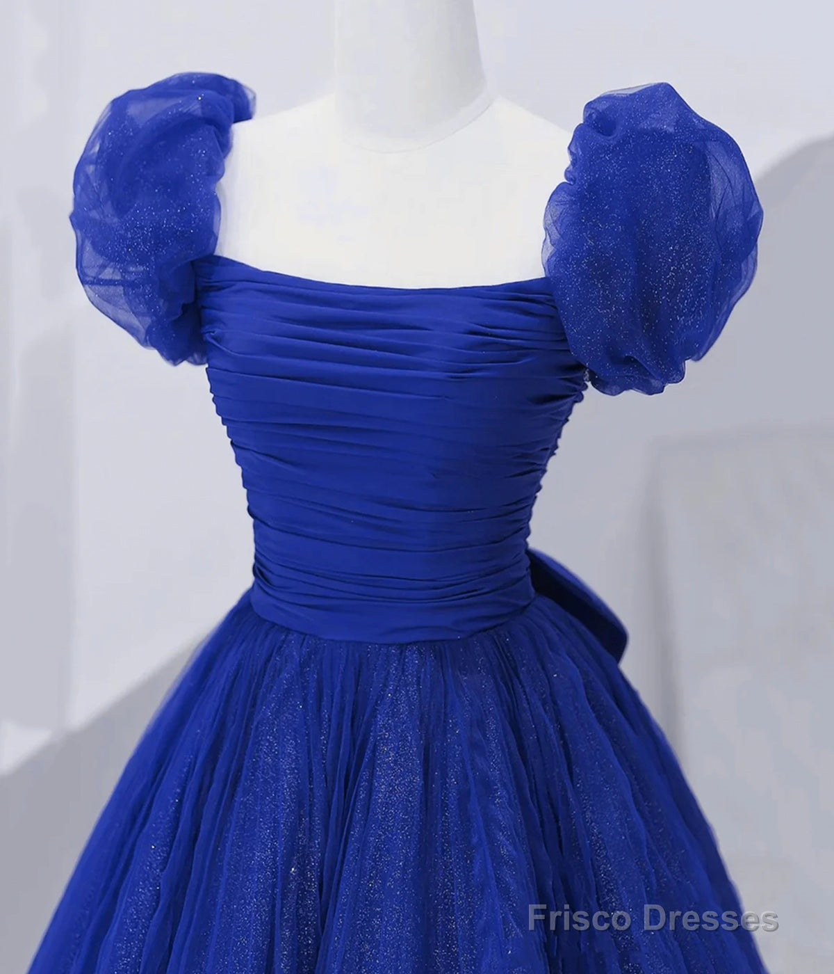 Cute Tulle Long Prom Dress with Bow, Royal Blue Short Sleeve Evening Party Dress Secondary image