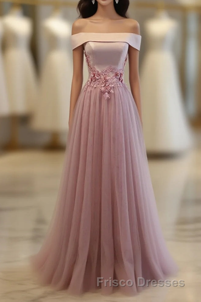 Pink A Line Off Shoulder Floor Length Formal Prom Dress, Lace Evening Dress Main image