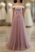 Pink A Line Off Shoulder Floor Length Formal Prom Dress, Lace Evening Dress