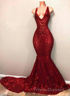 Red Sequins Shiny V-Neck Mermaid Long Formal Prom Dress