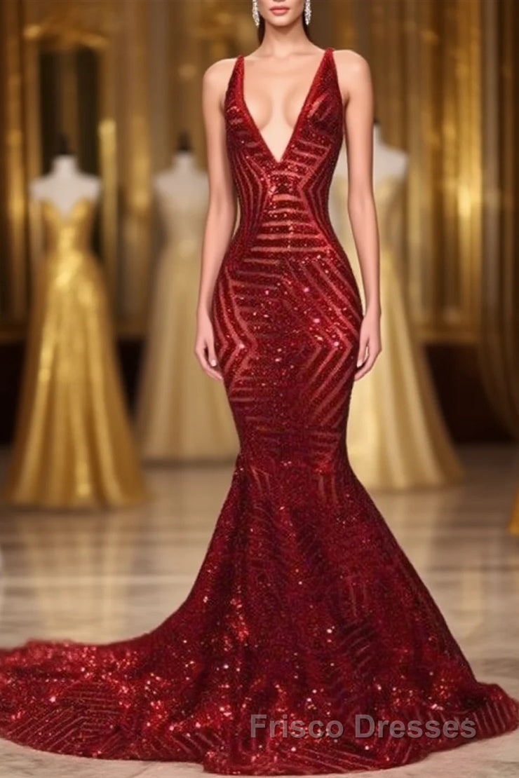 Red Sequins Shiny V-Neck Mermaid Long Formal Prom Dress Main image