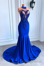 Royal Blue High Neck Sleeveless Mermaid Formal Prom Dresses with Beadings