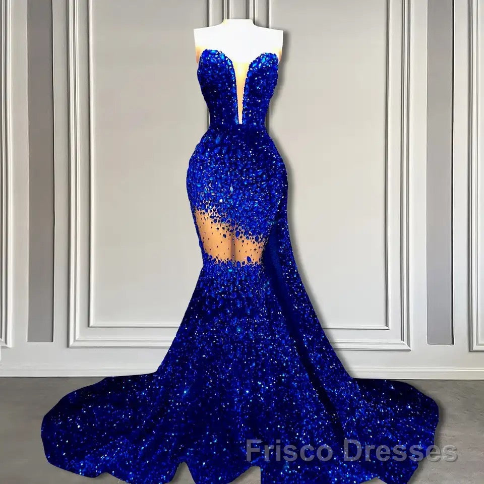 V-Neck Sequins Formal Prom Dresses Mermaid Sleeveless Crystal.