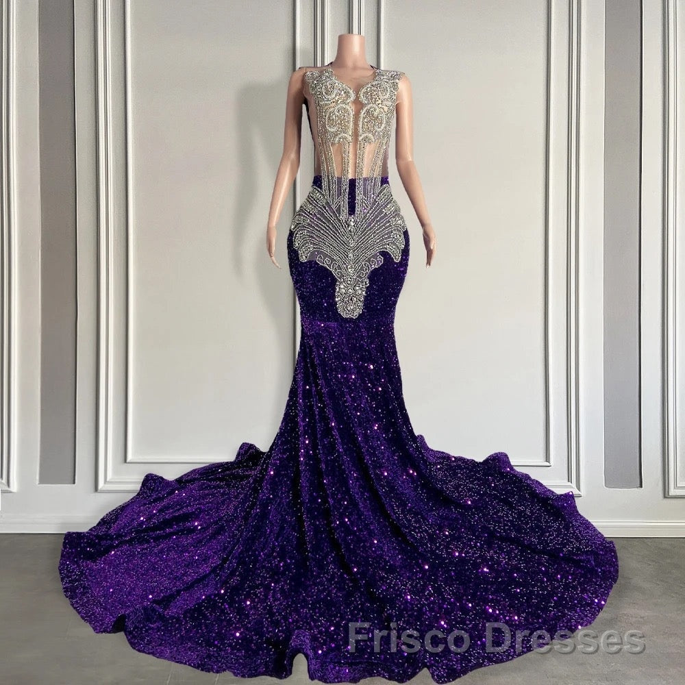 Sequined Sleeveless Mermaid Formal Prom Dresses with Beadings