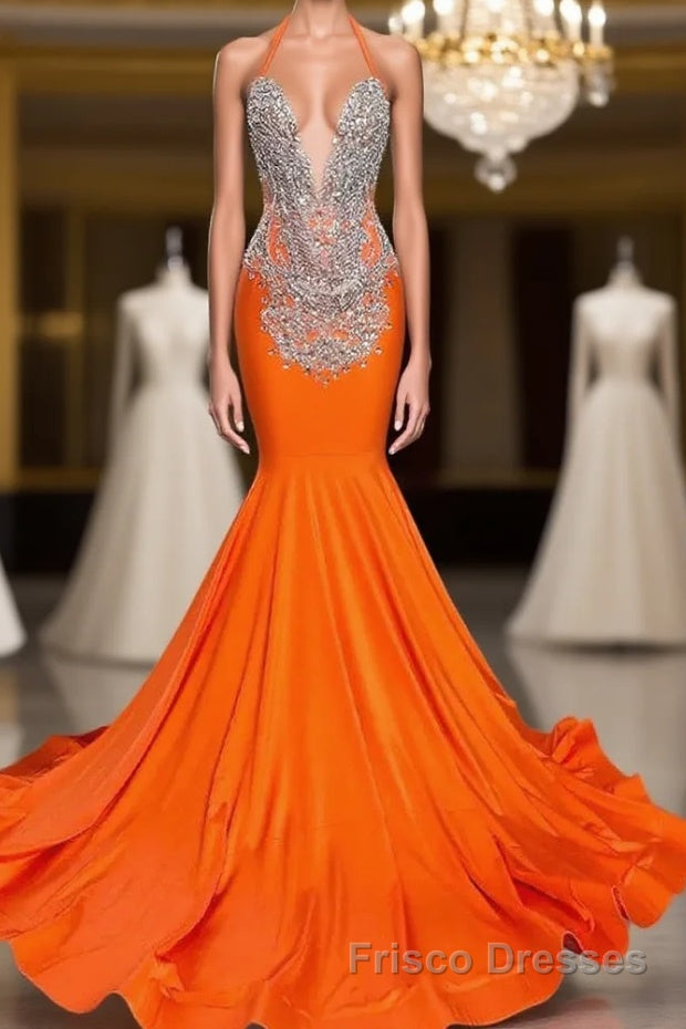 Sleeveless V-Neck Halter Mermaid Formal Prom Dresses With Beadings Main image