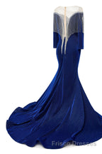 Deep V-neck Shiny Royal Blue Long sleeves Mermaid Formal Prom Dresses