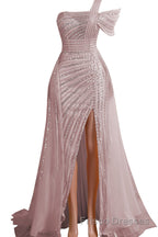 One-Shoulder Beading Sweep Train Backless Evening Dresses