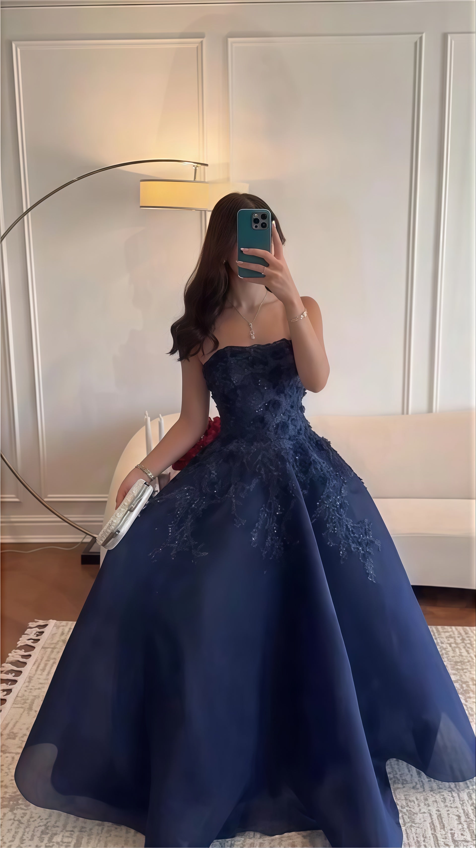 Dark Blue A-Line Prom Dress Strapless Applique Evening Dance Dress – Frisco Dresses