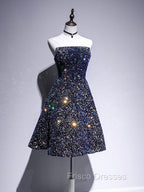 Dark Blue A-Line Sequin Lace Short Formal Prom Dress, Blue Homecoming Dress