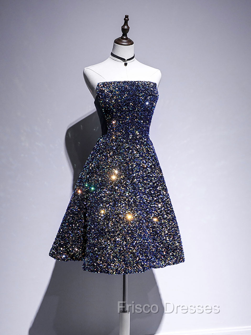 Dark Blue A-Line Sequin Lace Short Formal Prom Dress, Blue Homecoming Dress