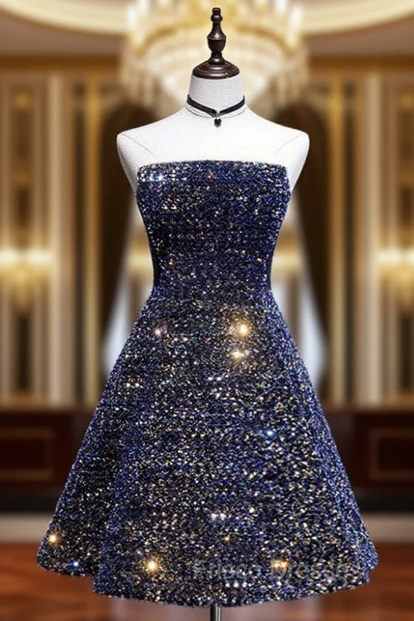 Dark Blue A-Line Sequin Lace Short Formal Prom Dress, Blue Homecoming Dress Main image