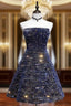 Dark Blue A-Line Sequin Lace Short Formal Prom Dress, Blue Homecoming Dress