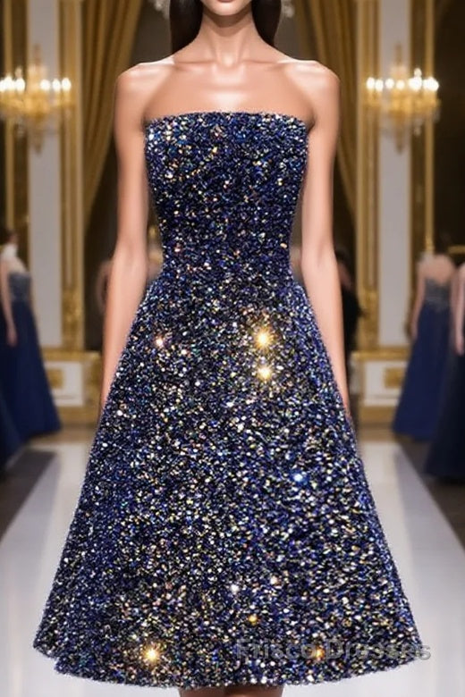 Dark Blue A-Line Sequin Lace Short Formal Prom Dresses, Cute Blue Homecoming Dresses