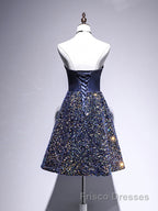 Dark Blue A-Line Sequin Lace Short Formal Prom Dresses, Cute Blue Homecoming Dresses