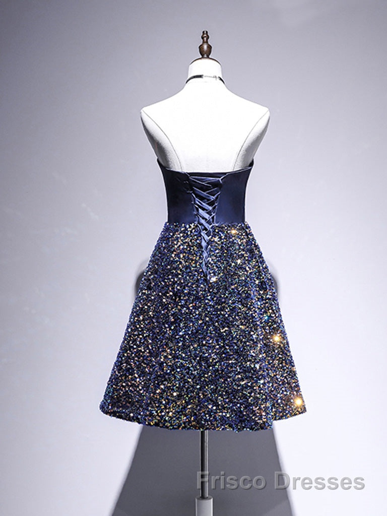 Dark Blue A-Line Sequin Lace Short Formal Prom Dresses, Cute Blue Homecoming Dresses