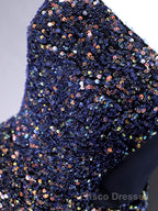 Dark Blue A-Line Sequin Lace Short Formal Prom Dresses, Cute Blue Homecoming Dresses