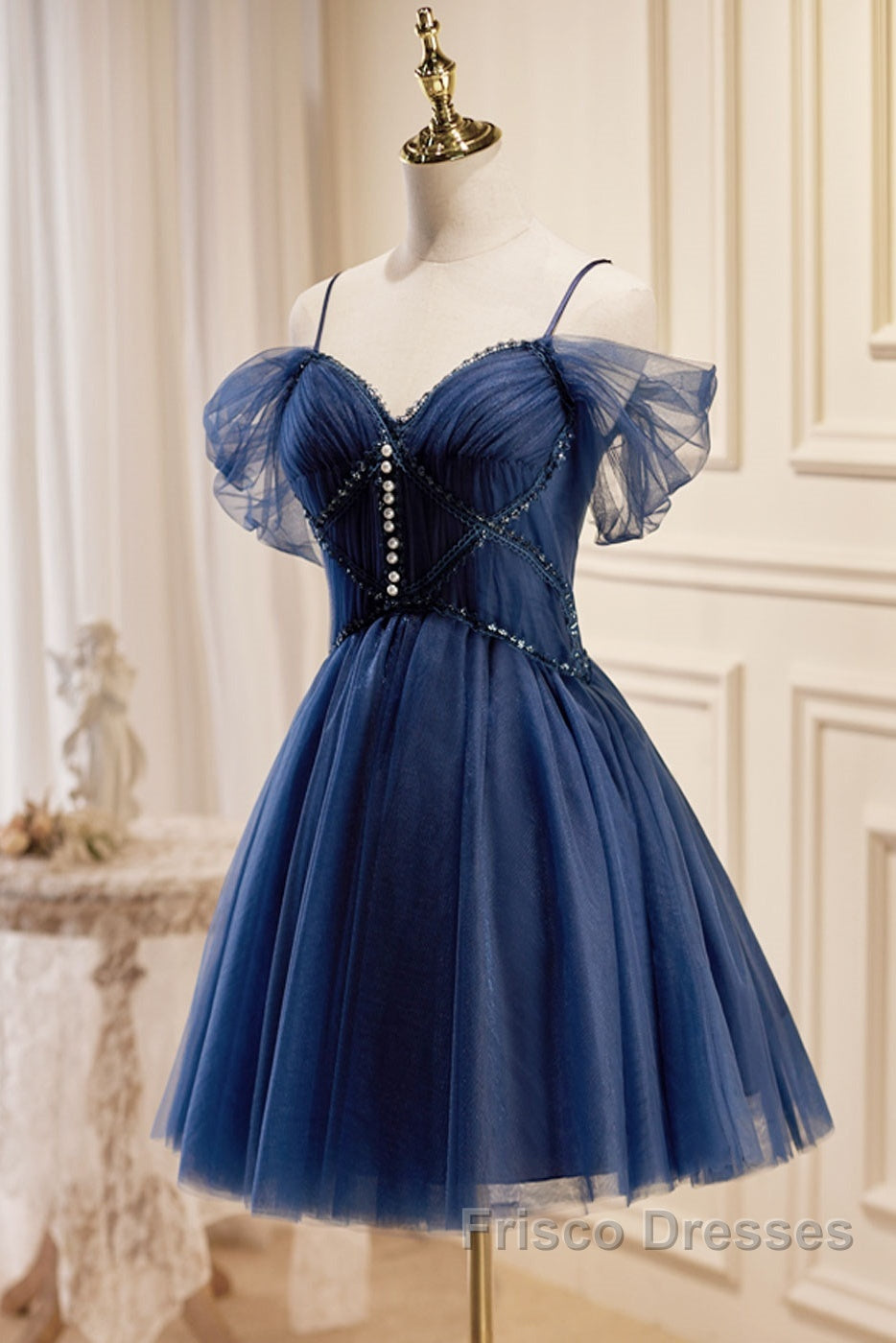 Dark Blue A-Line Short Formal Prom Dress, Dark Blue Homecoming Dress