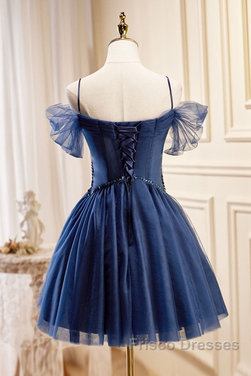 Dark Blue A-Line Short Formal Prom Dress, Dark Blue Homecoming Dress