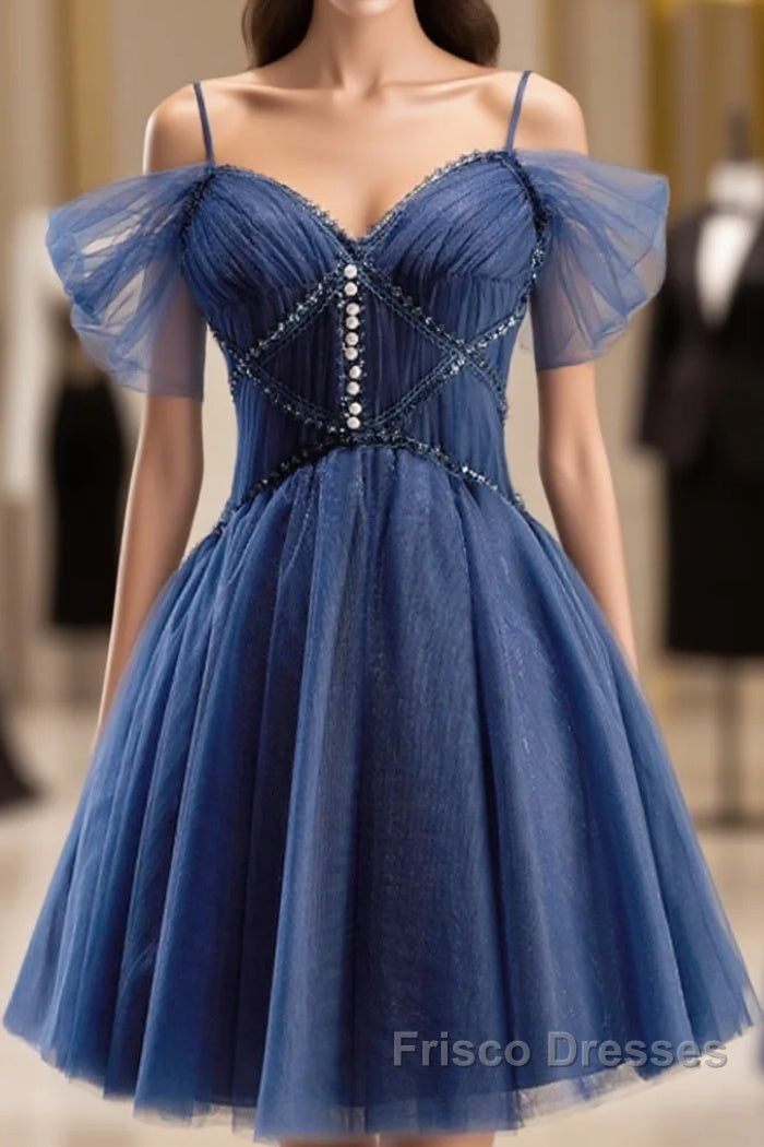 Dark Blue A-Line Short Formal Prom Dress, Dark Blue Homecoming Dress Main image