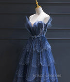 Dark Blue A Line Strapless Beaded Tulle Long Senior Formal Prom Dress Evening Party Dress