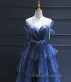 Dark Blue A Line Strapless Beaded Tulle Long Senior Formal Prom Dress Evening Party Dress