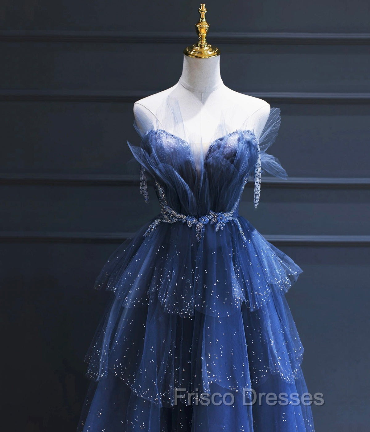 Dark Blue A Line Strapless Beaded Tulle Long Senior Formal Prom Dress Evening Party Dress