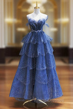 Dark Blue A Line Strapless Beaded Tulle Long Senior Formal Prom Dress Evening Party Dress