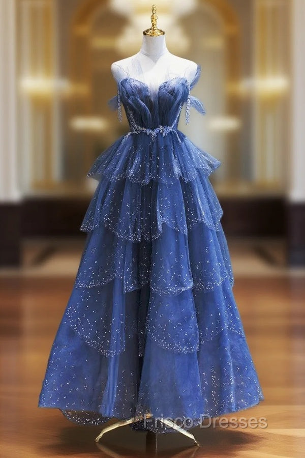 Dark Blue A Line Strapless Beaded Tulle Long Senior Formal Prom Dress Evening Party Dress