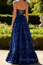 Dark Blue A Line Strapless Floral Jacquard Corset Maxi Dress
