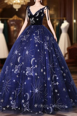 Dark Blue A-Line Tulle Lace Long Formal Prom Dress, Dark Blue Long Formal Dress