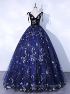 Dark Blue A-Line Tulle Lace Long Formal Prom Dress, Dark Blue Long Formal Dress